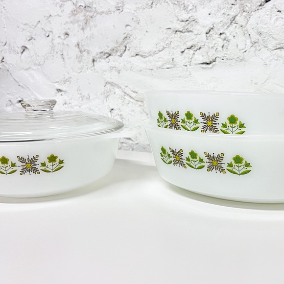 VINTAGE Anchor Hocking Fire King Round Casserole Green Meadow set of x3 - Picture 7 of 9